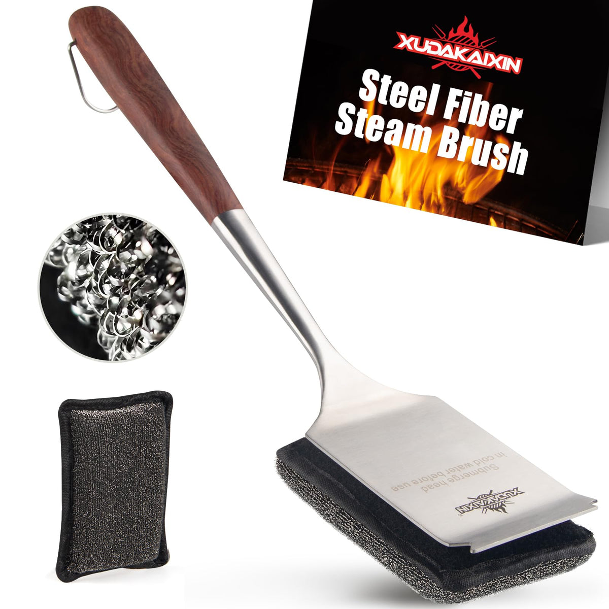 XUDAKAIXIN bristle-free steam cleaning brush with rosewood handle for safer outdoor grilling