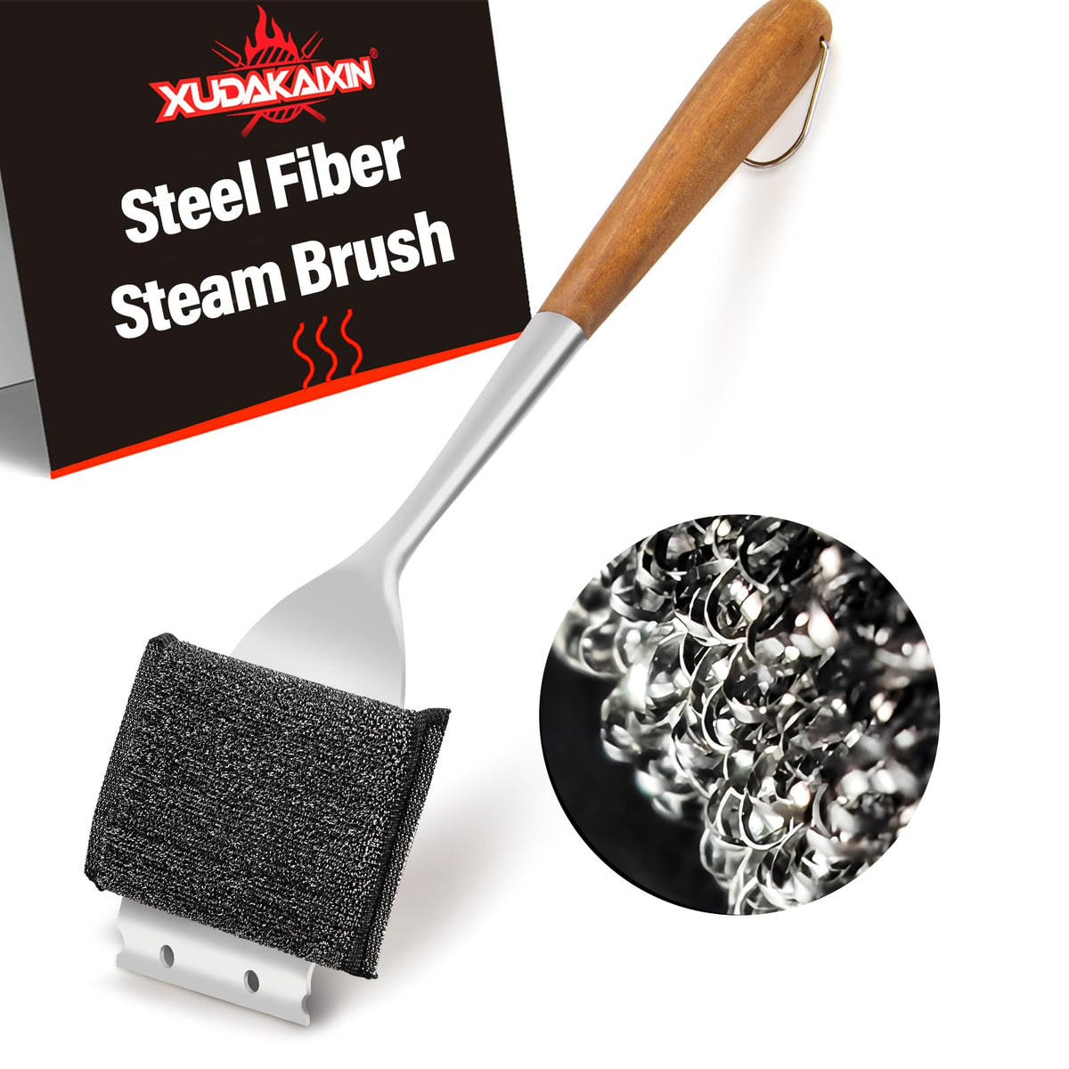 XUDAKAIXIN bristle-free steam grill brush close-up showing safe cleaning action.