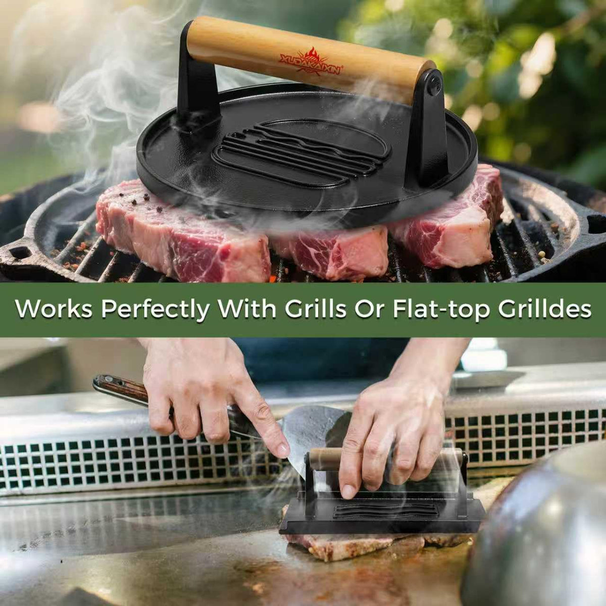 XUDAKAIXIN burger press ergonomic handle secure grip reduces slips during smashing