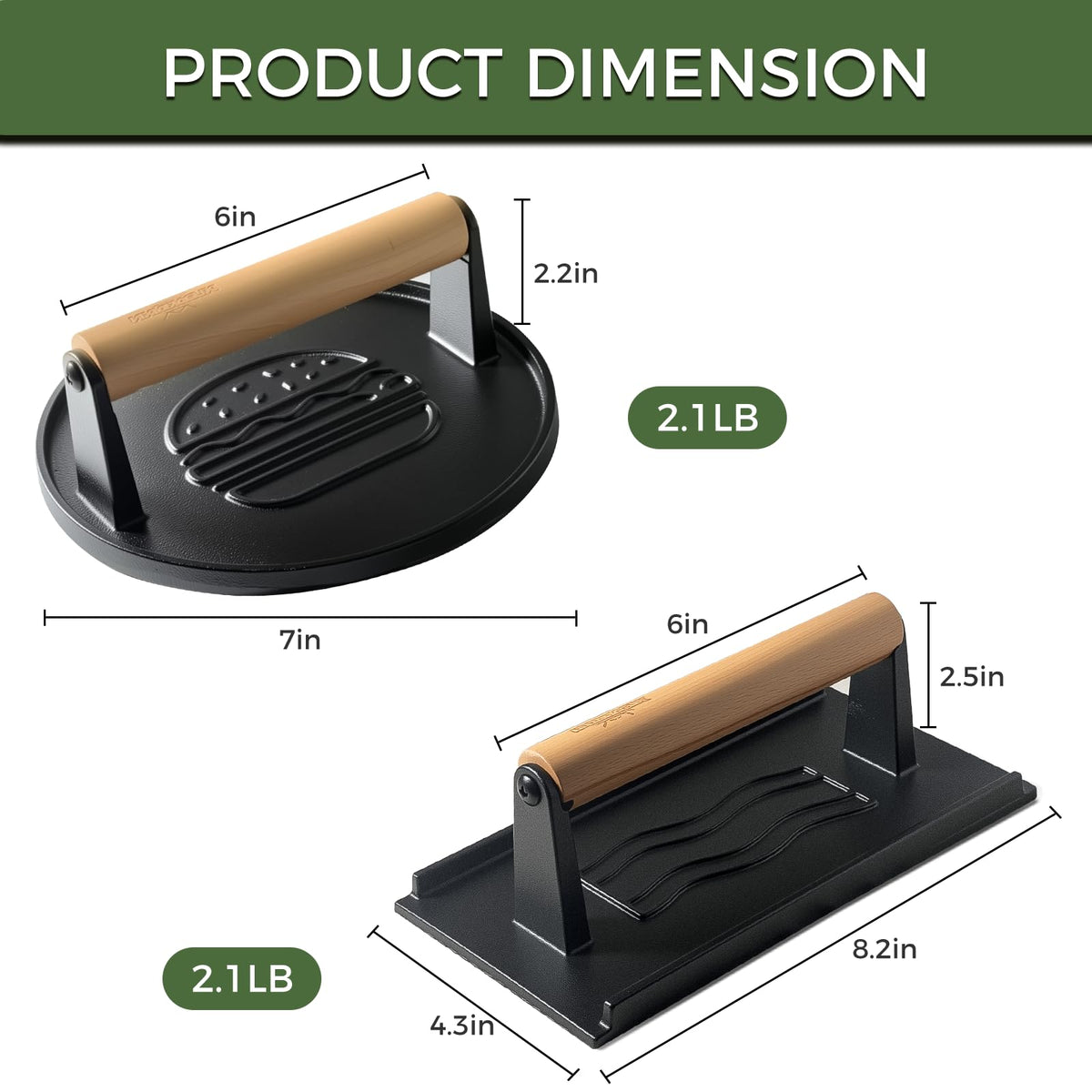 XUDAKAIXIN cast-iron smash burger press rectangle-grooved for uniform patties