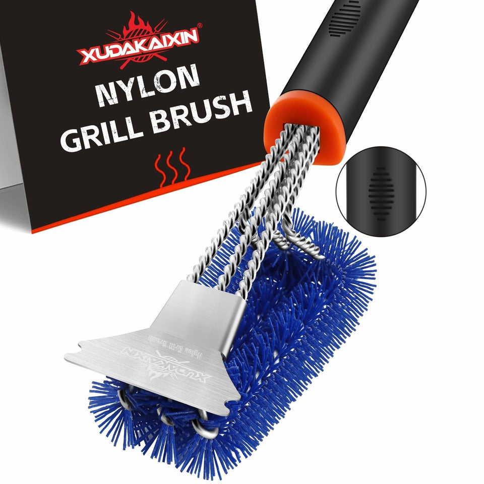 XUDAKAIXIN grill brush and scraper blue with safe nylon bristles protecting grates
