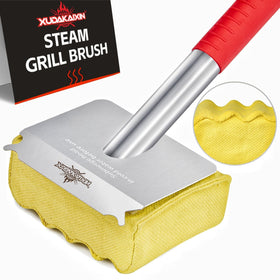 XUDAKAIXIN grill brush with aramid pad for bristle-free, safe cleaning on cast iron and steel grates.