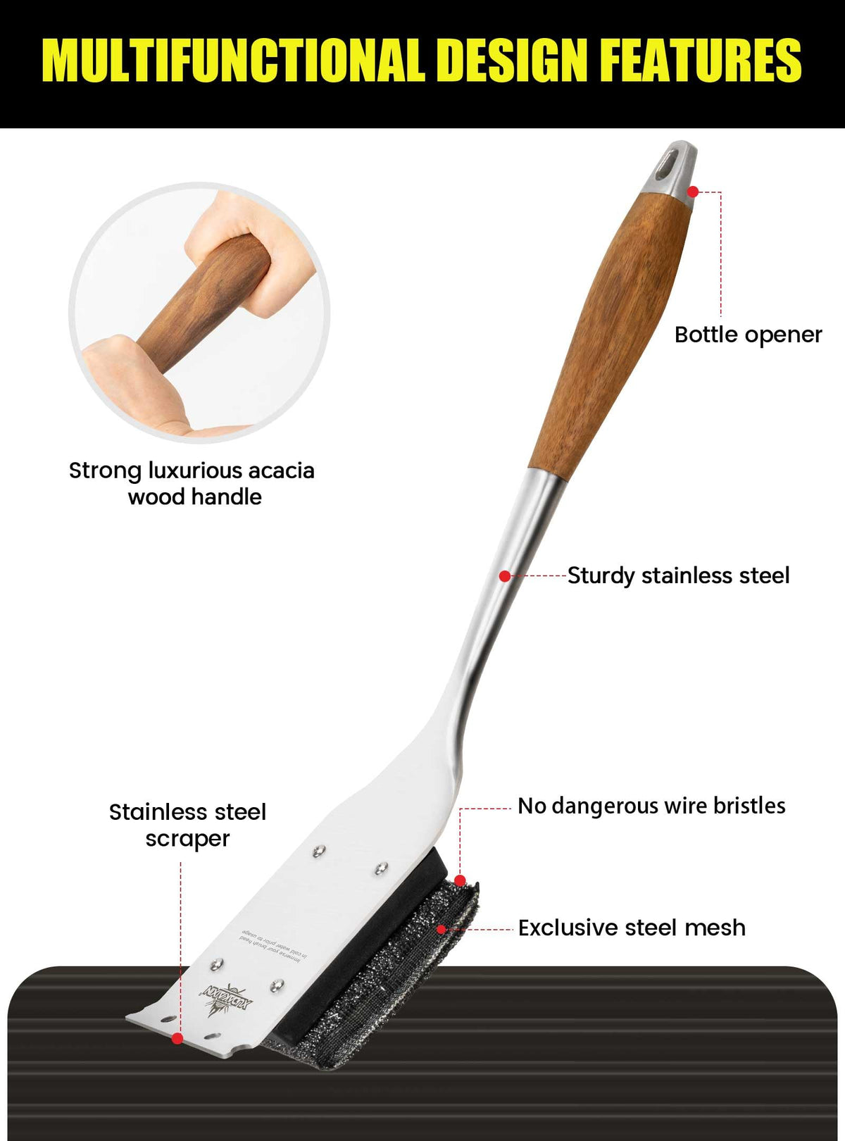 XUDAKAIXIN long-handle design keeps hands away from heat during grilling.