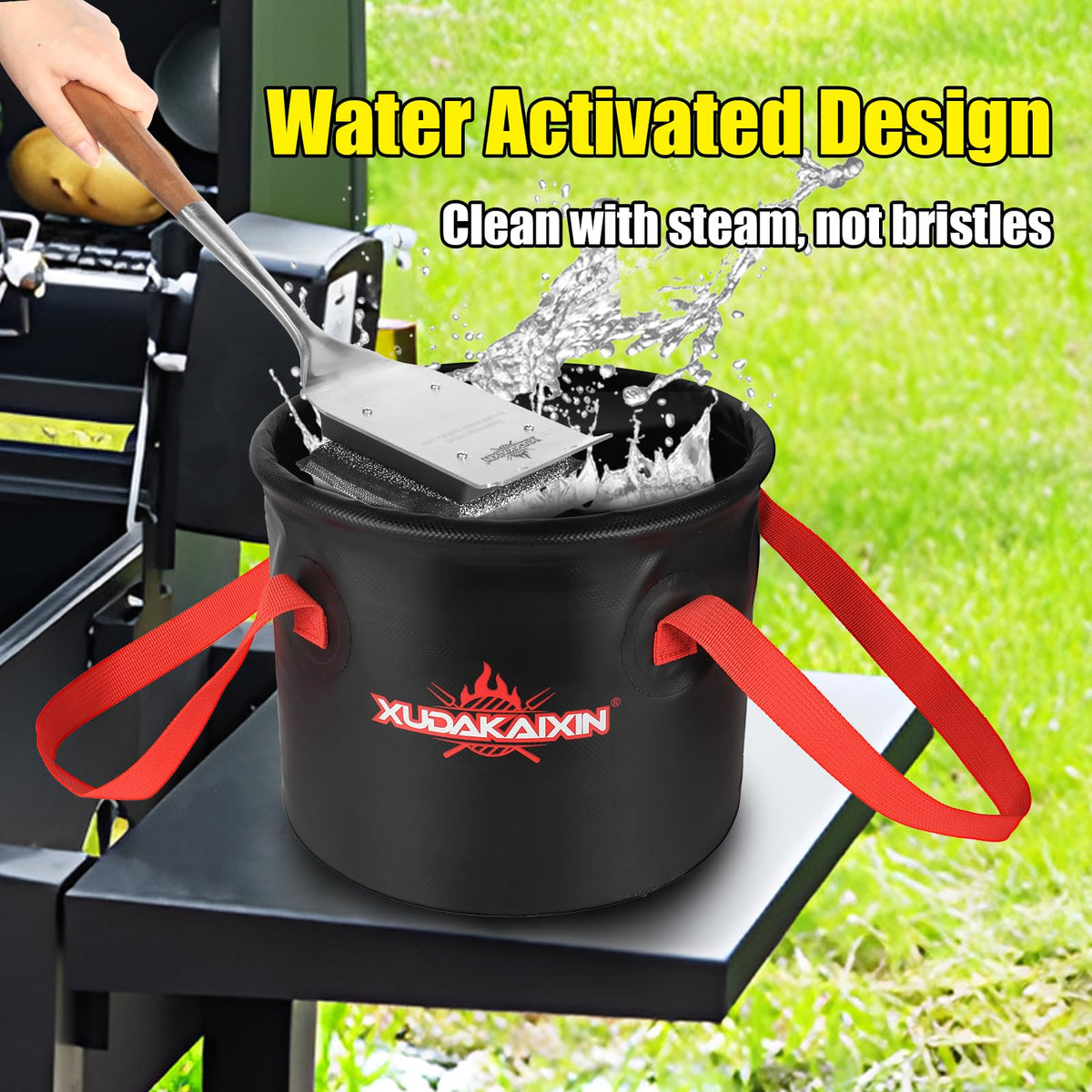 XUDAKAIXIN grill brush with long handle for keeping hands away from heat.