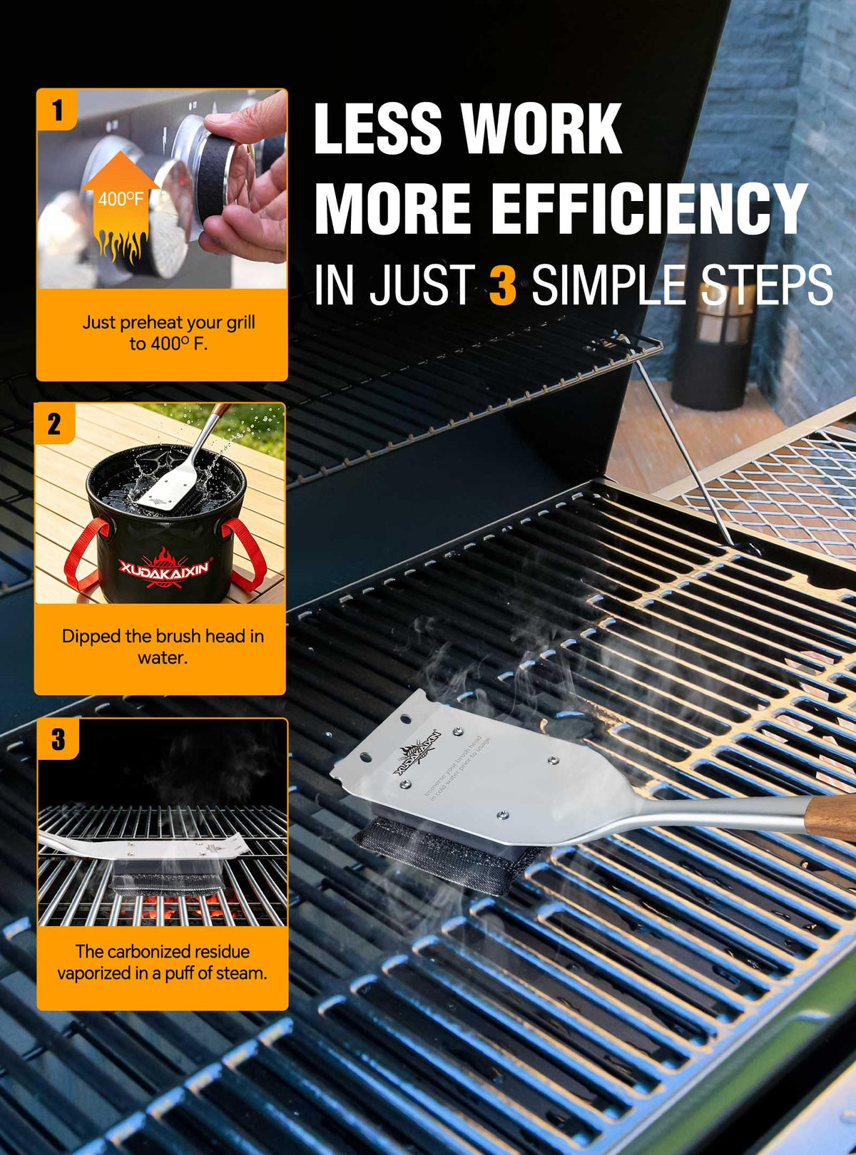 Long stainless steel handle keeps hands away from heat during cleaning
