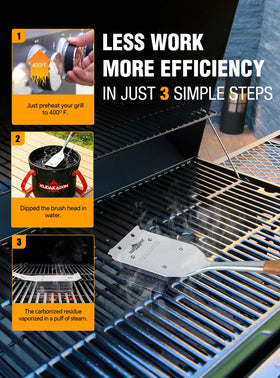 Long stainless steel handle keeps hands away from heat during cleaning