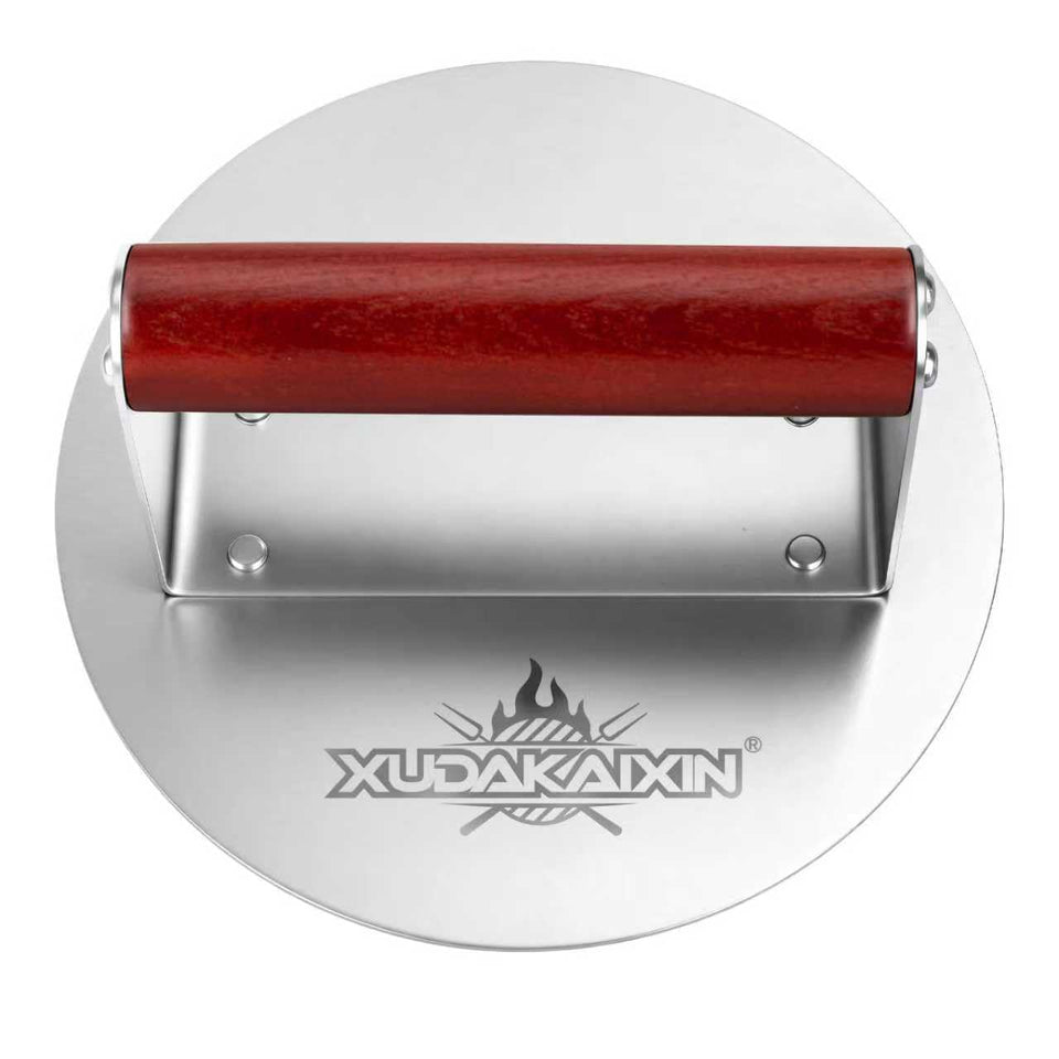 XUDAKAIXIN stainless steel smash burger press with a round surface for fast, even searing.