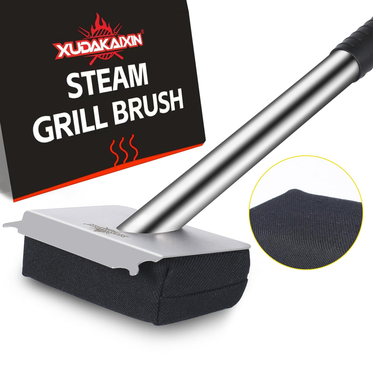 XUDAKAIXIN Steam Brush Safety Head shows bristle-free cleaning for safer grilling.