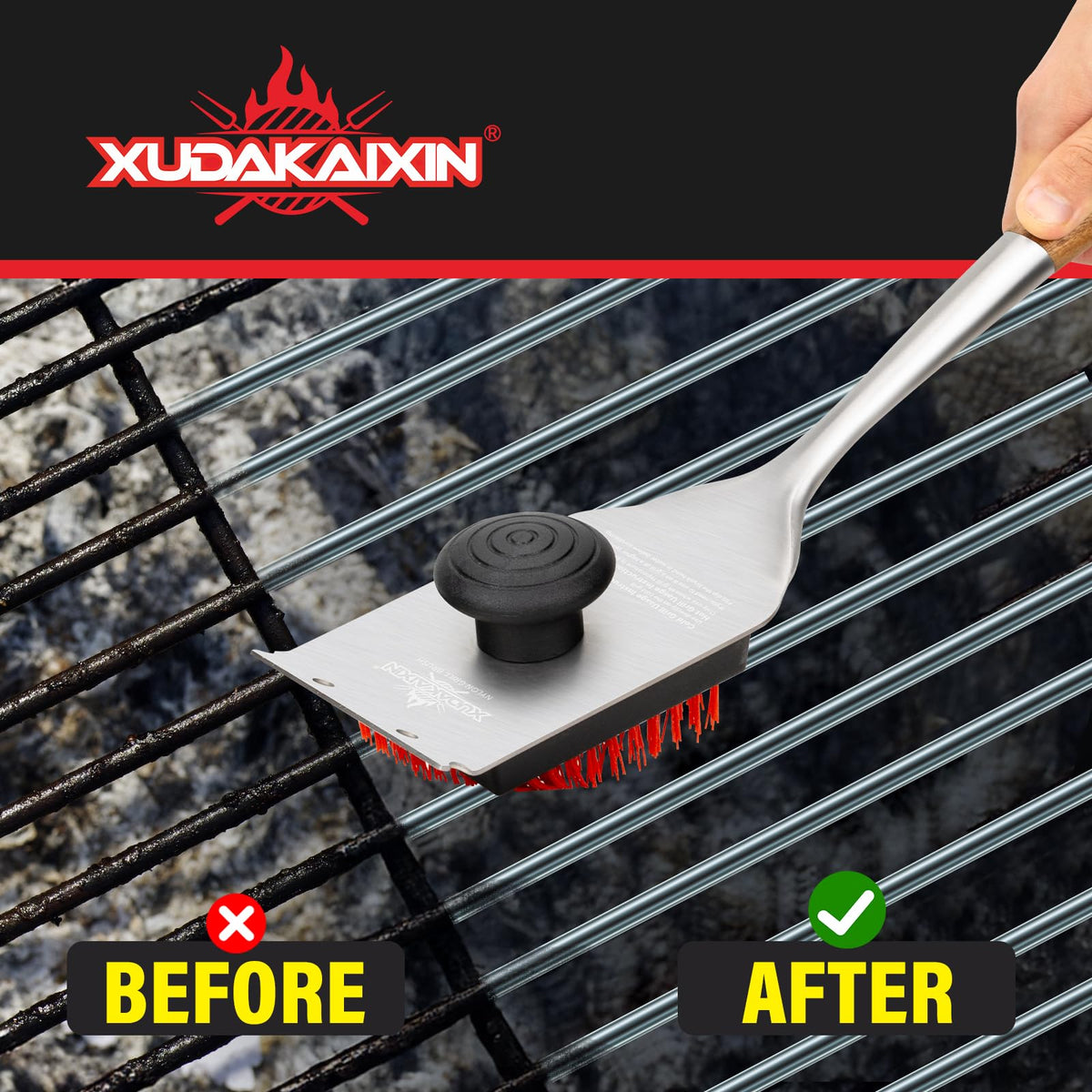 XUDAKAIXIN brush suitable for charcoal, gas, porcelain, ceramic, cast iron, and stainless grills.