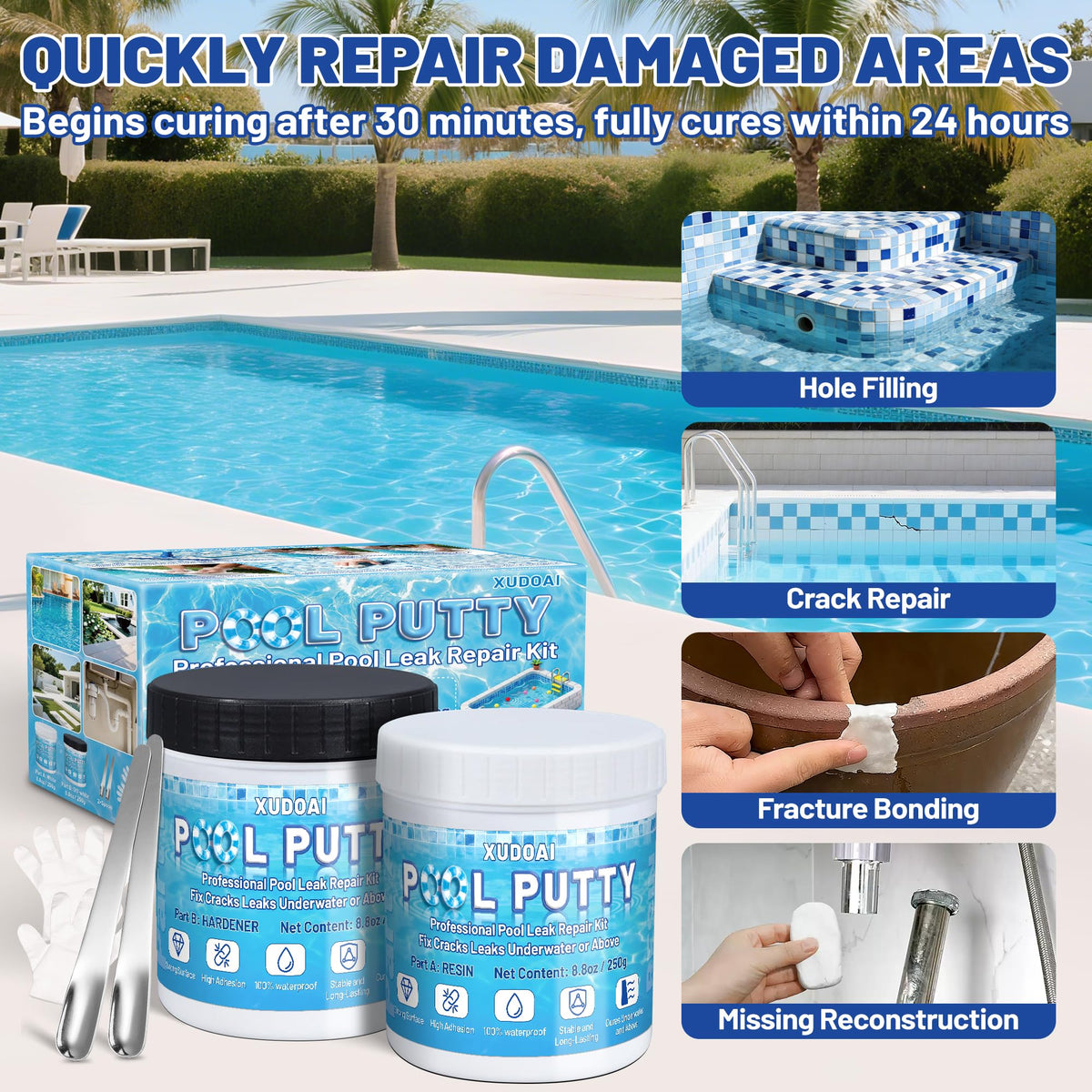 XUDOAI Pool Putty applied to a crack to seal and reinforce