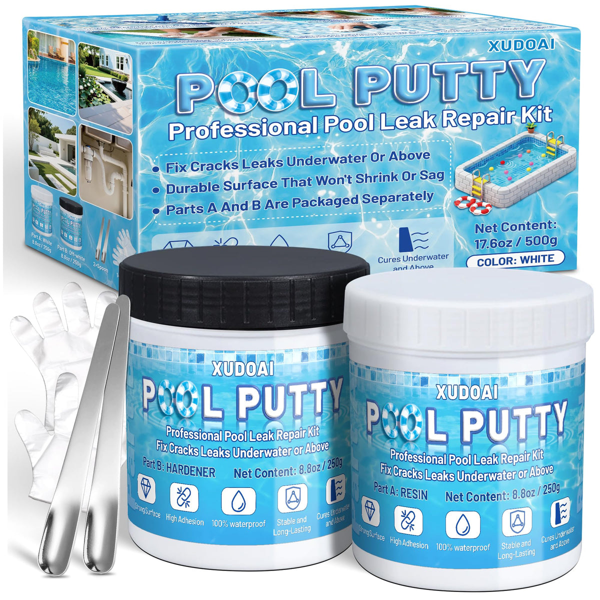 XUDOAI Pool Putty bottle close-up showing durable epoxy sealant for pool repairs