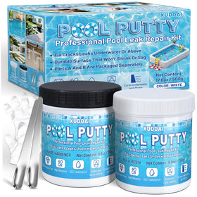 XUDOAI Pool Putty bottle close-up showing durable epoxy sealant for pool repairs