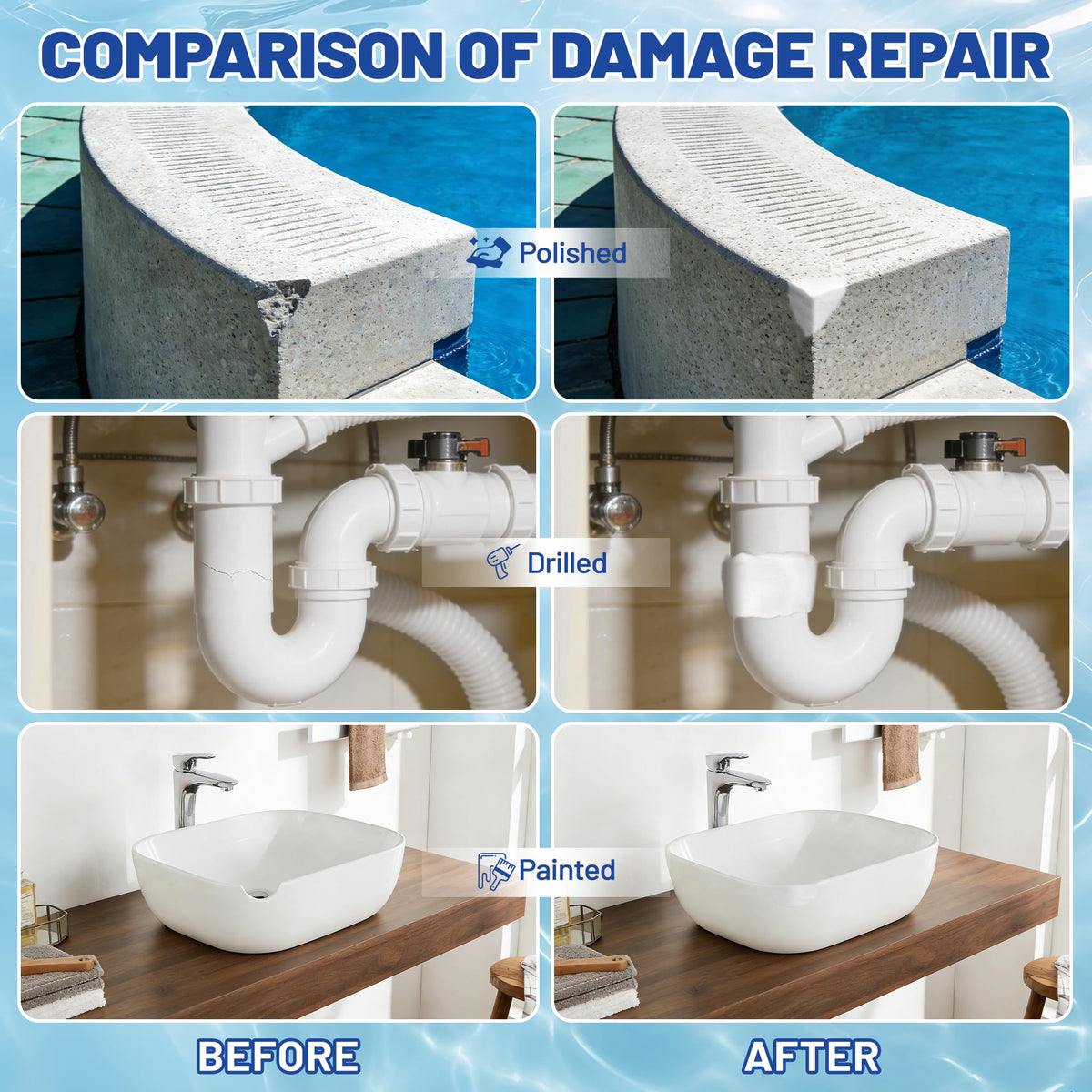 XUDOAI Pool Putty used on concrete, fiberglass, and tiles for reliable repairs