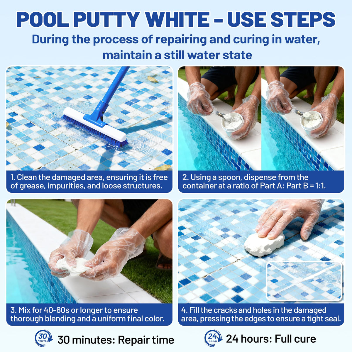 XUDOAI Pool Putty mixing in a 1:1 ratio for easy at-home repairs