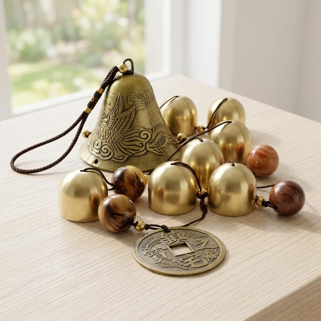 XUJIQI copper alloy wind chime on patio for outdoor charm.