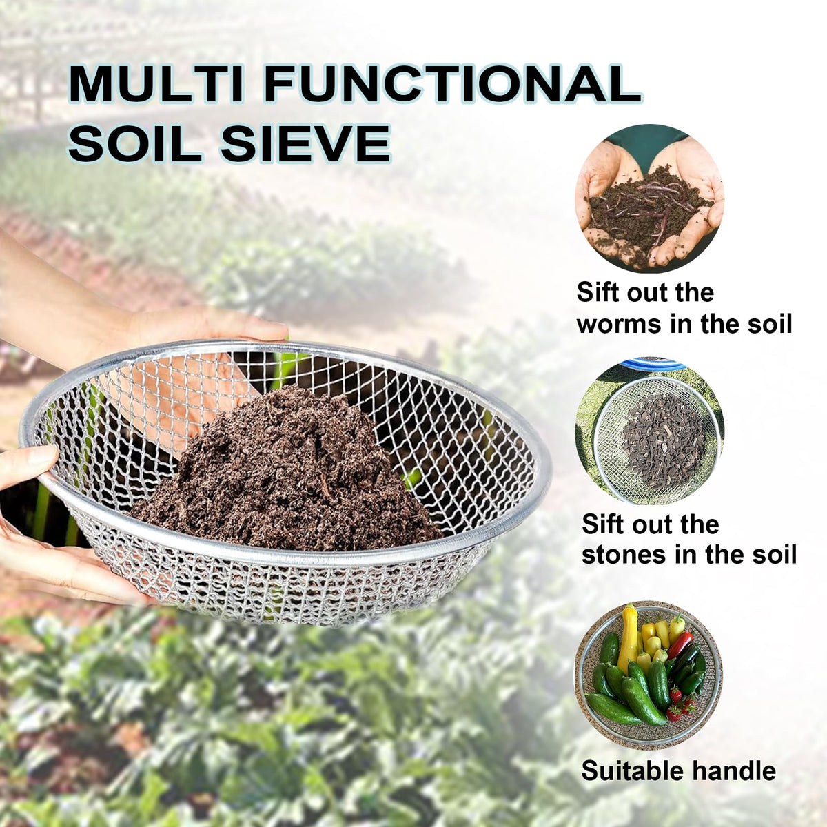 XULIFU compost sifter dirt sifter helps remove fine debris for healthier soil texture.