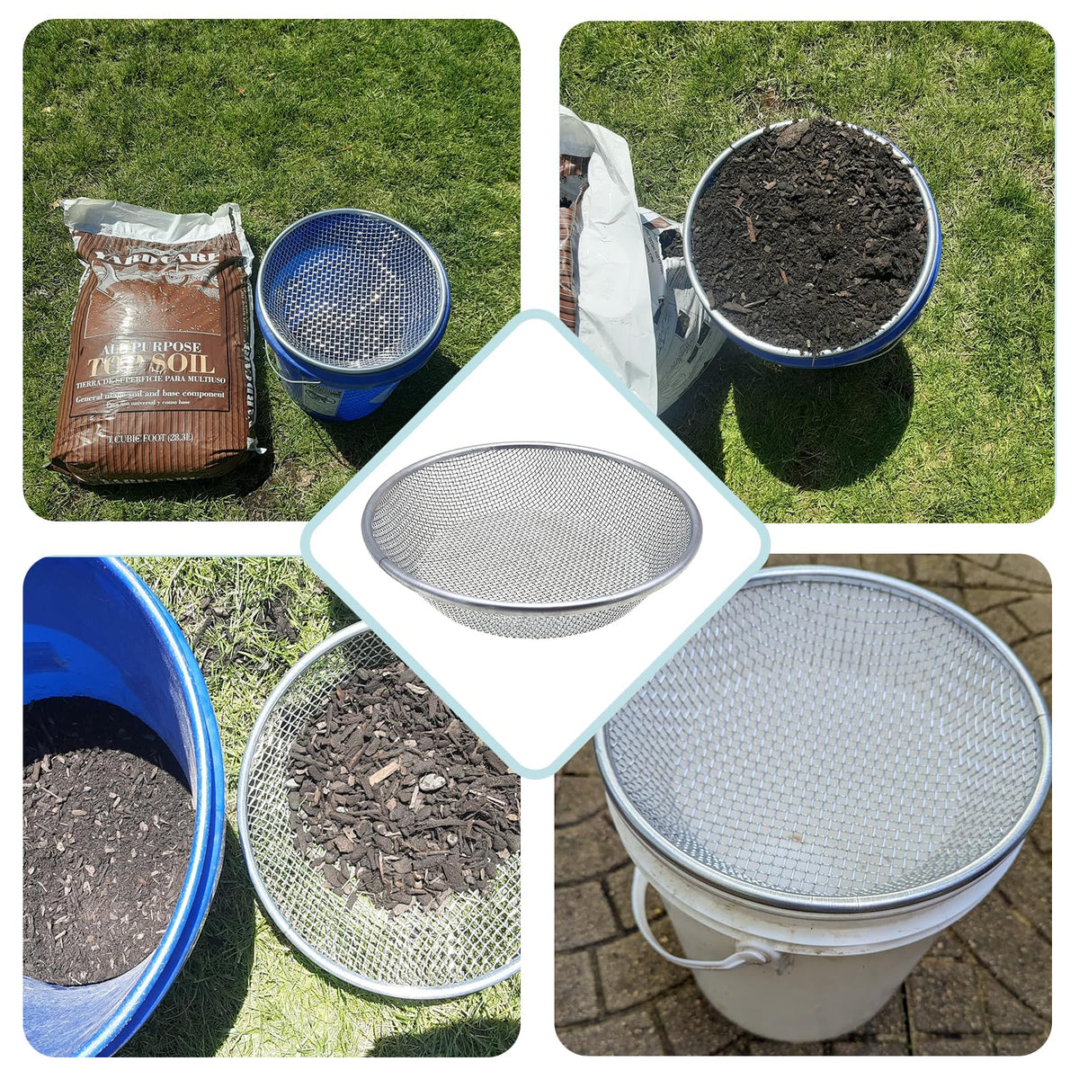 XULIFU rock sifter for 5-gallon bucket helps separate rocks and dirt efficiently.