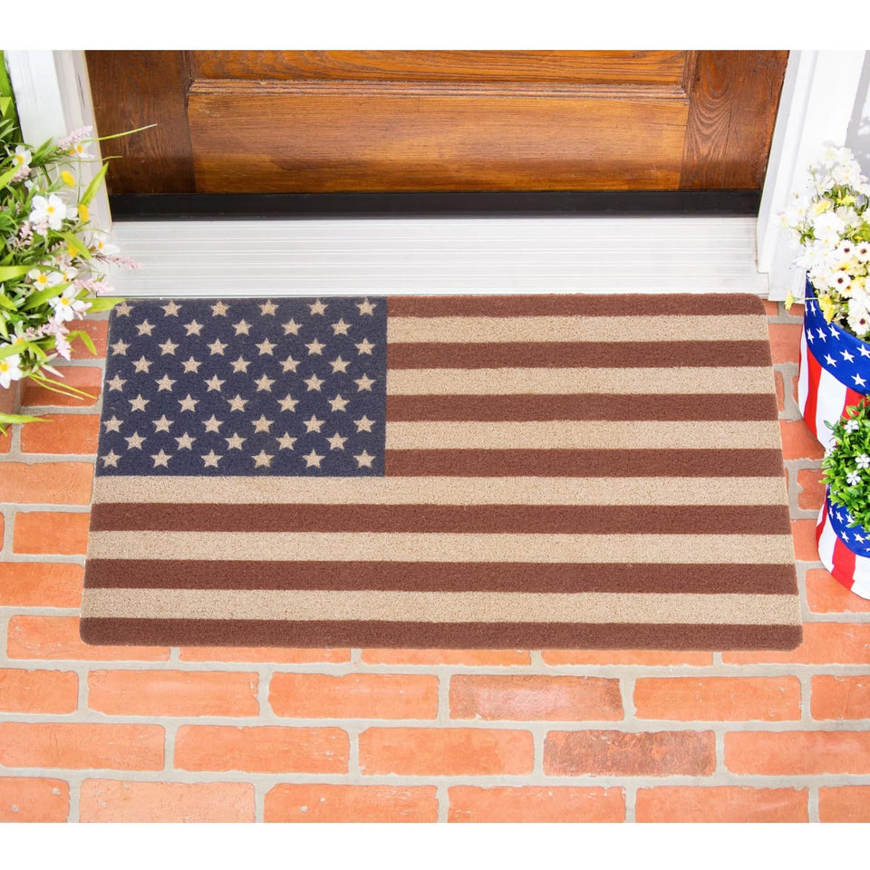 XuoAz Fourth of July welcome doormat at the front door with non-slip protection.