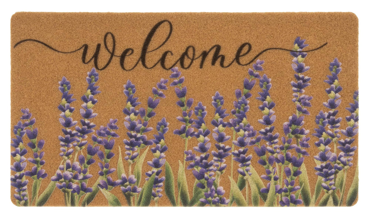XuoAz lavender welcome doormat shows spring florals for indoor or outdoor entry.