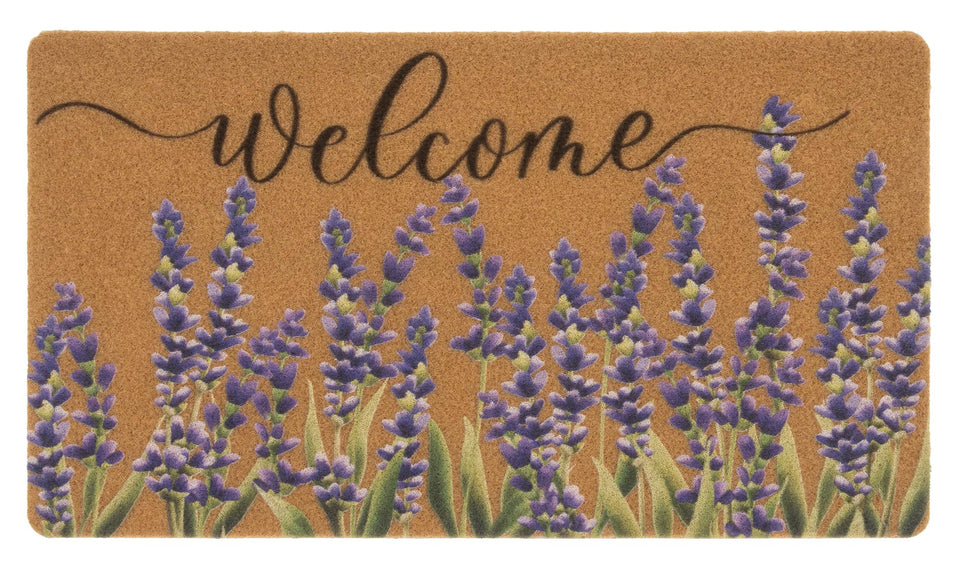 XuoAz lavender welcome doormat shows spring florals for indoor or outdoor entry.