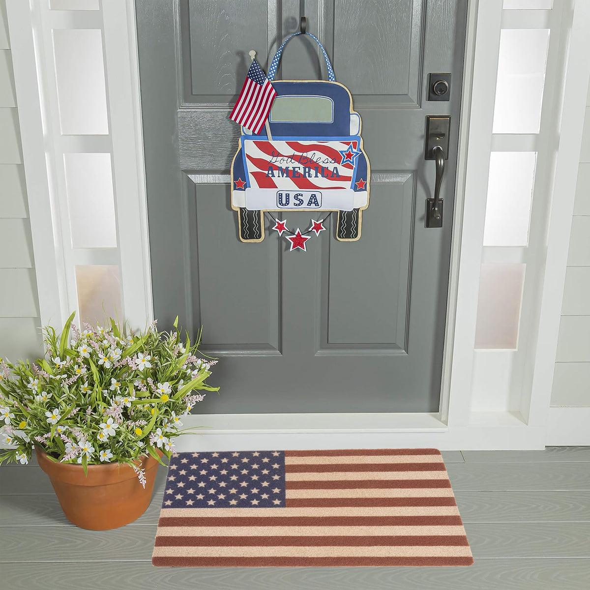 XuoAz red-white-blue patriotic door mat welcomes guests with festive charm.