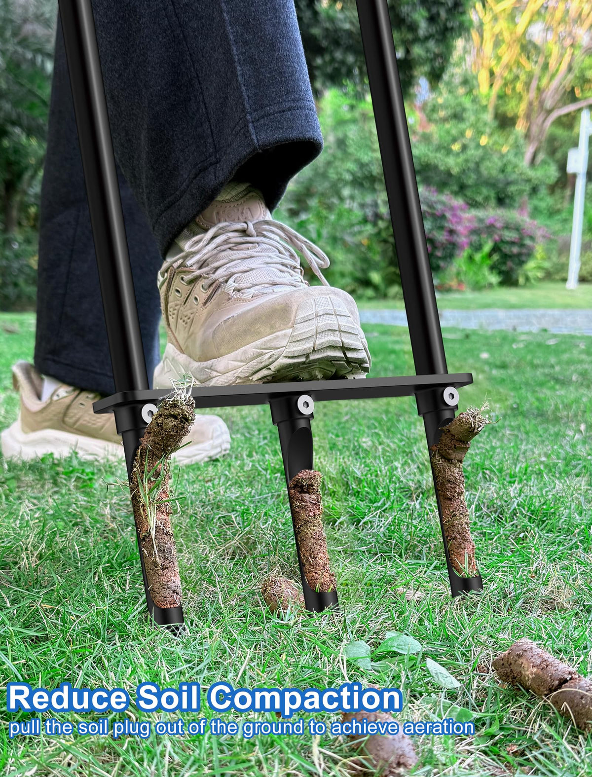 Xuperace ergonomic footplate reduces strain during lawn aeration.