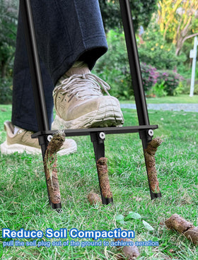 Xuperace ergonomic footplate reduces strain during lawn aeration.