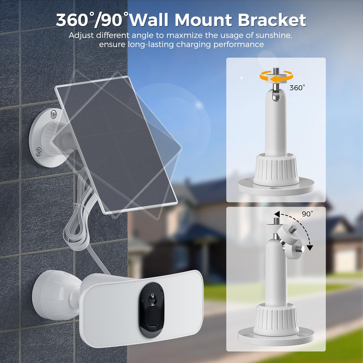 Outdoor installation of Xwartre solar charger powering Arlo cameras