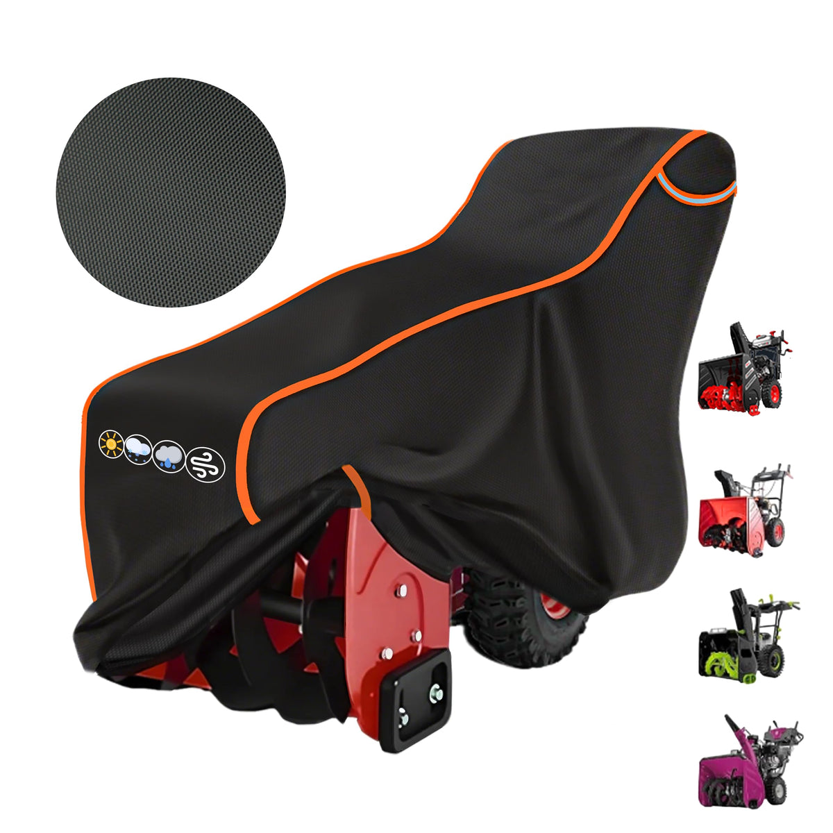 XXCXX snow blower cover front view shields the machine from rain and dust.