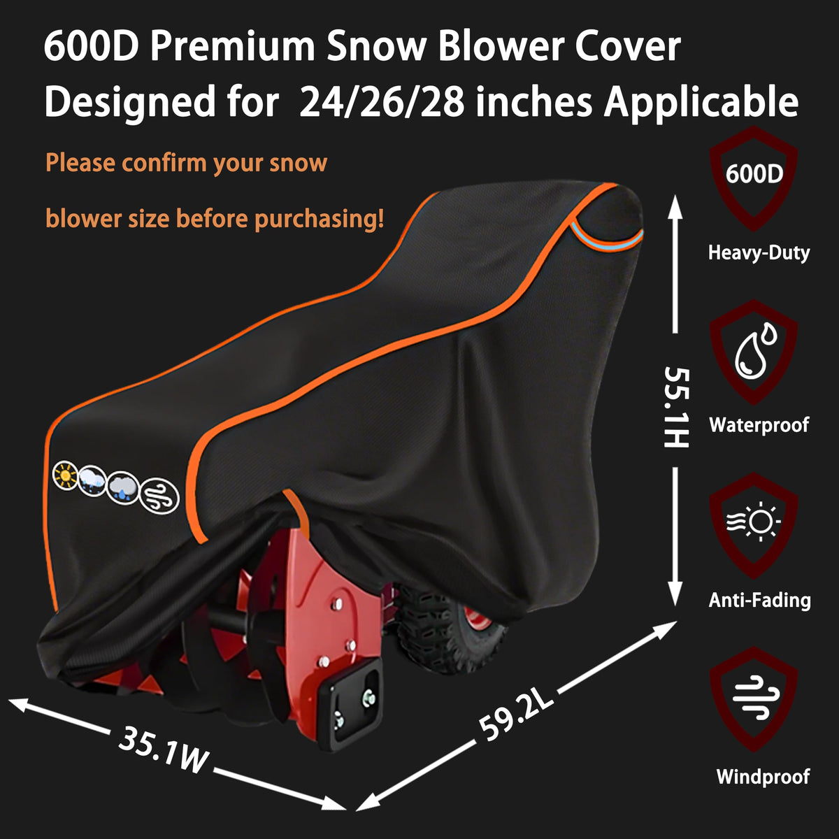 XXCXX snow blower cover rear view guards wheels and exhaust area.