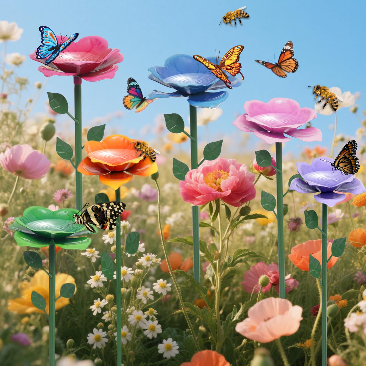 XXOUOUG Butterfly feeder with colorful petals supports pollinators in sunlit garden.