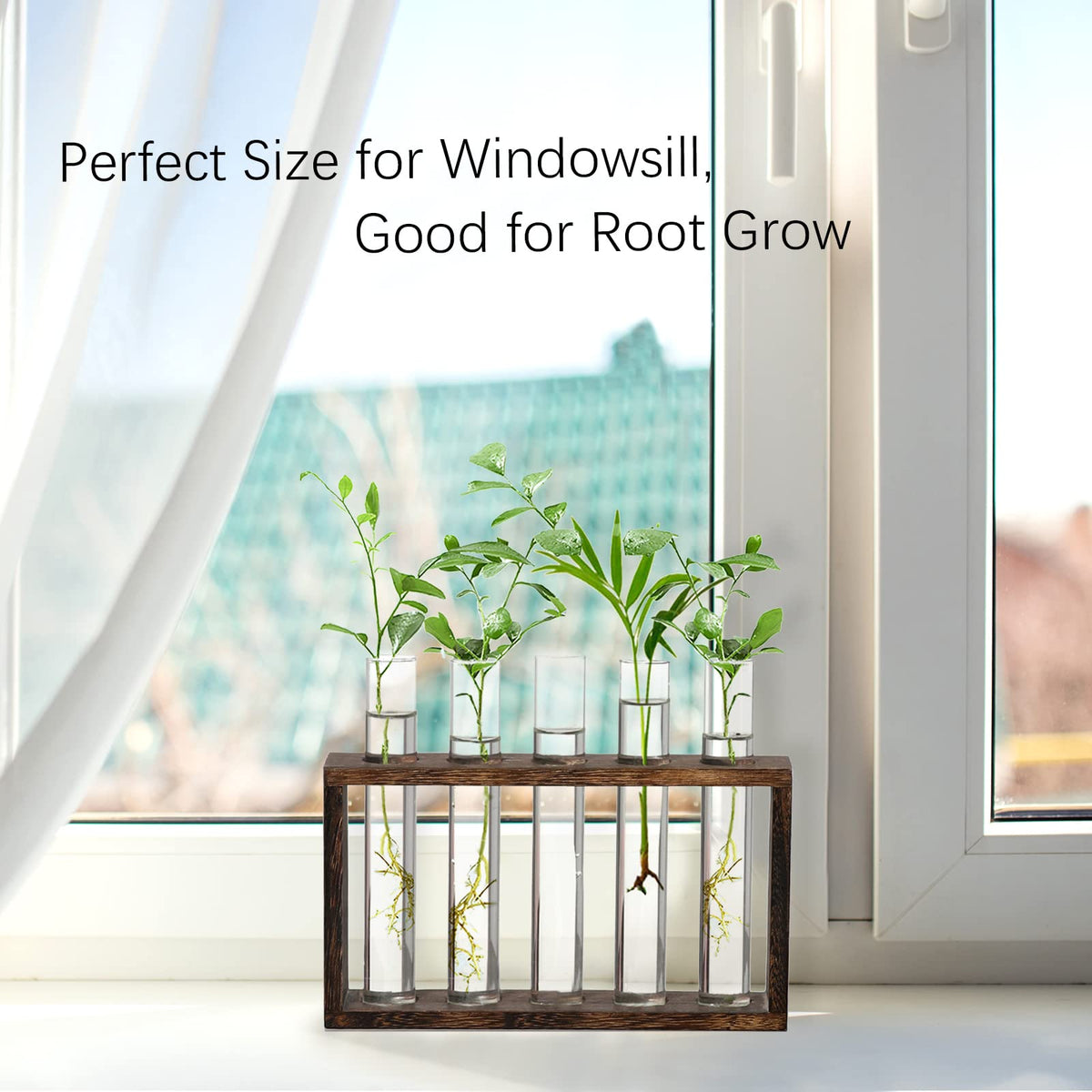 XXXFLOWER desk terrarium stand combines natural wood with glass tubes for elegant display