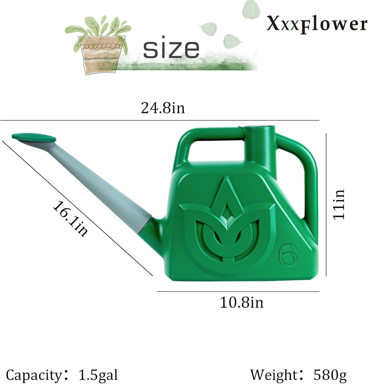 XXXFLOWER watering can with detachable nozzle for versatile mist or jet.