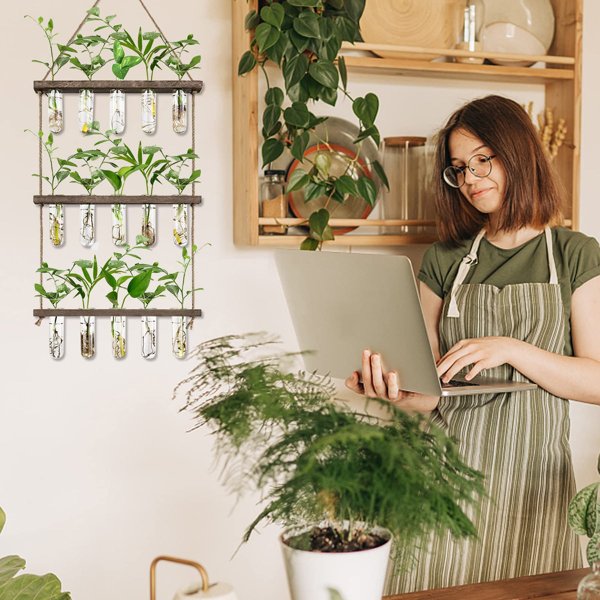 Three-tier XXXFLOWER wooden stand enhances wall decor and space saving