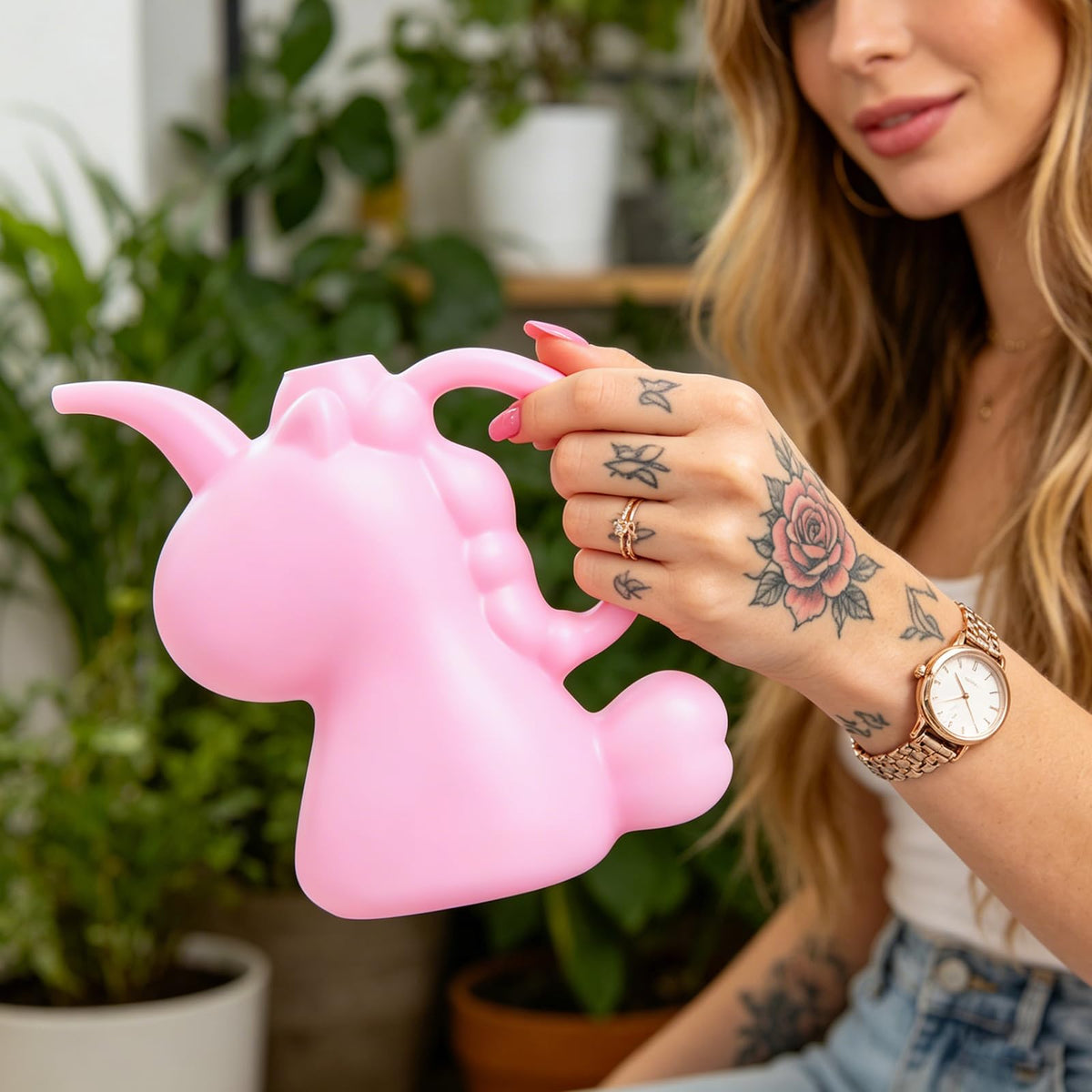 XXXFLOWER Unicorns pink side view indoor watering can for compact spaces