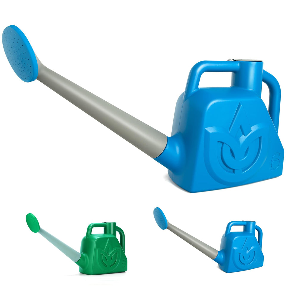 XXXFLOWER blue watering can with double-handle for easy lifting and precise pouring.
