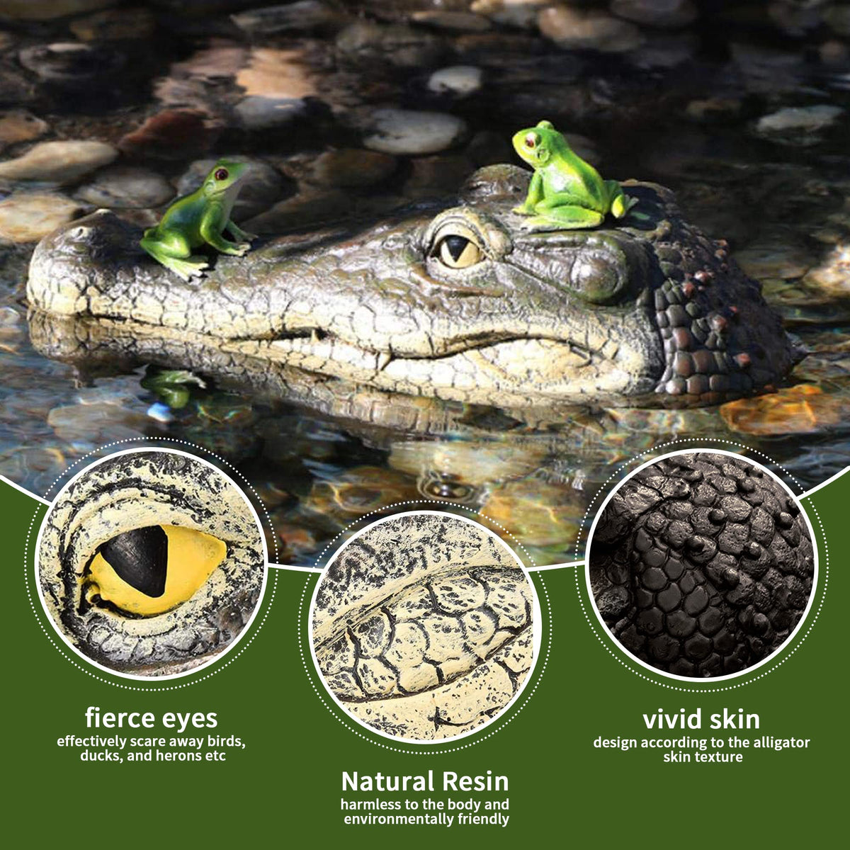 Xxzhiho resin alligator head detail showcases realistic texture for garden ponds.