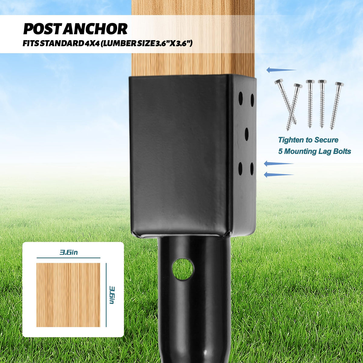 XYADX black finish ground anchor blends with outdoor posts.