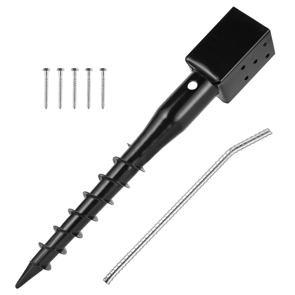 XYADX No Dig Ground Screw Anchor in soil provides sturdy 4x4 post support.