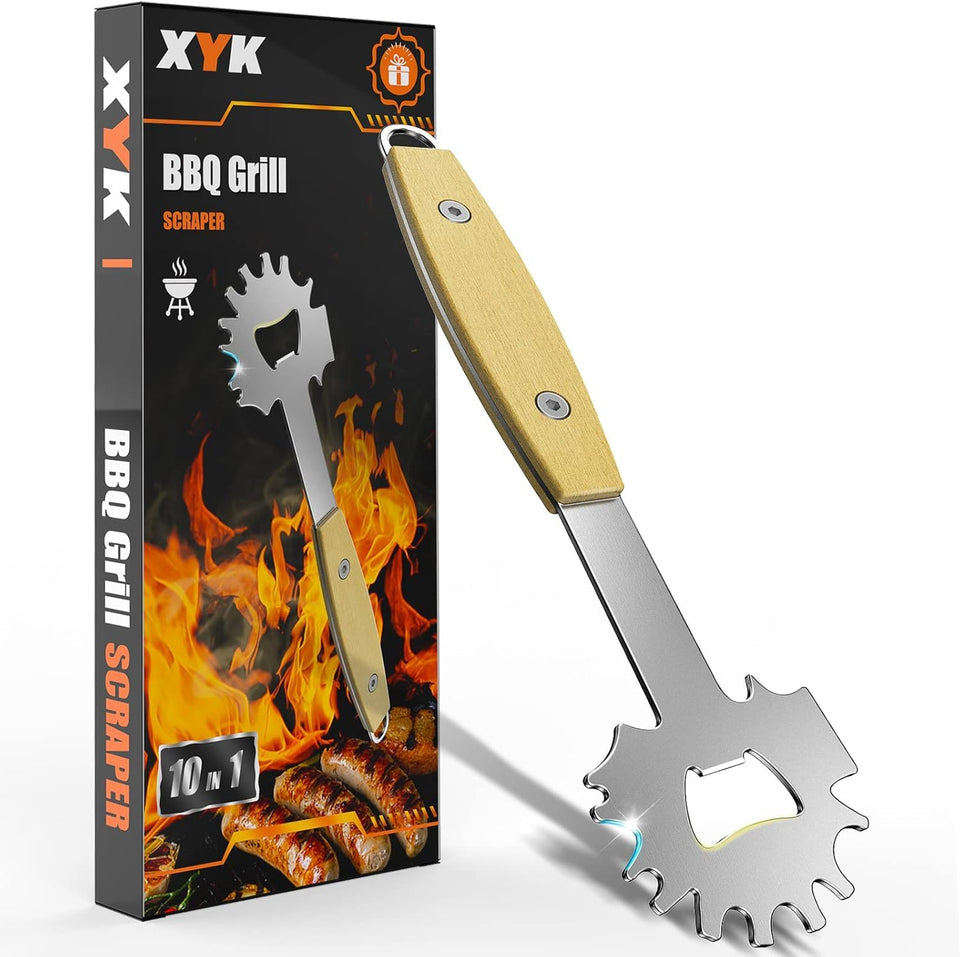 XYK BBQ Grill Scraper with extended handle for safer, hands-free cleaning.