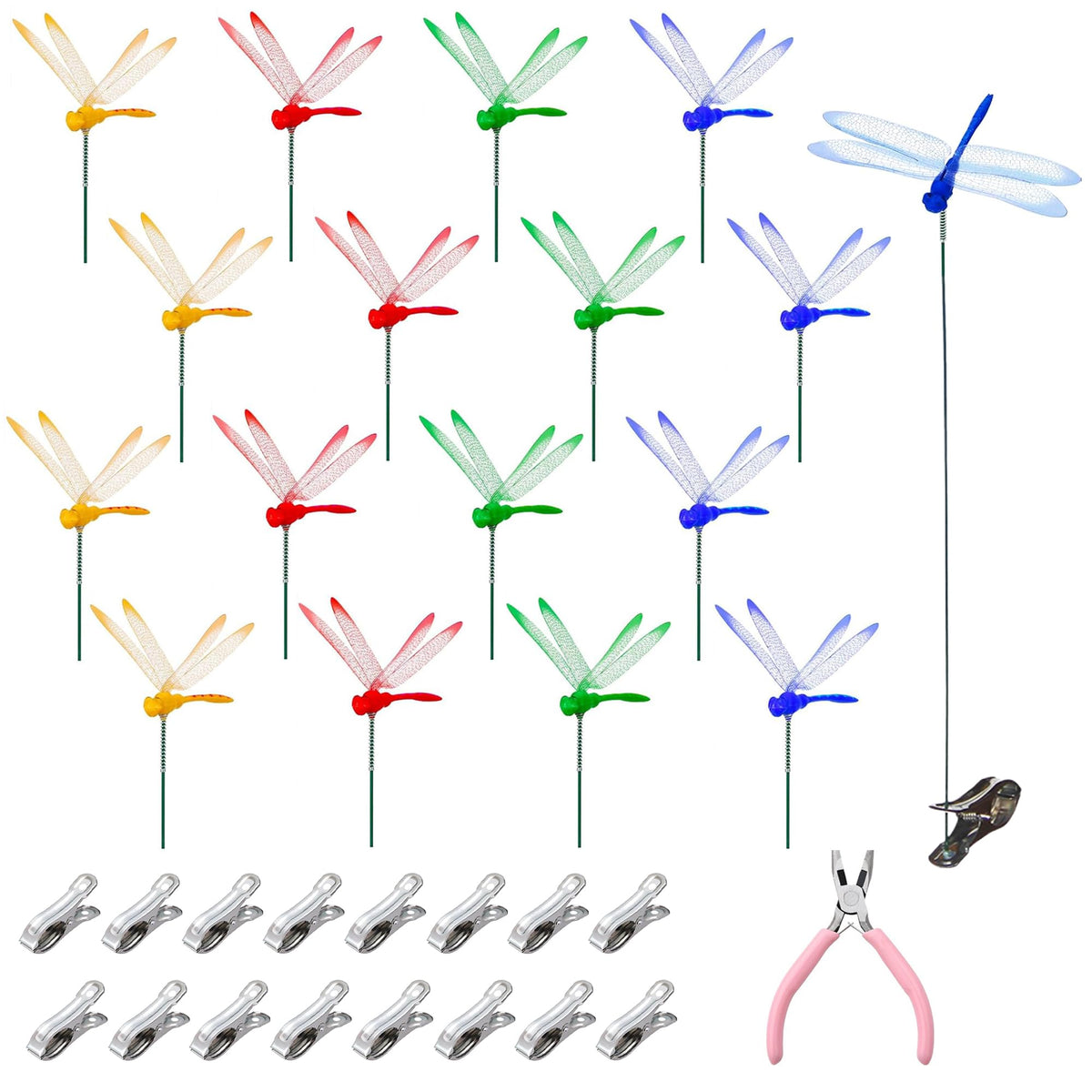 Xyntara dragonfly clip 16pcs lifelike stakes for decorative pest deterrence in gardens.