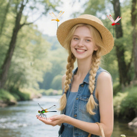Xyntara dragonfly clip secures onto pet collars for outdoor pest control.