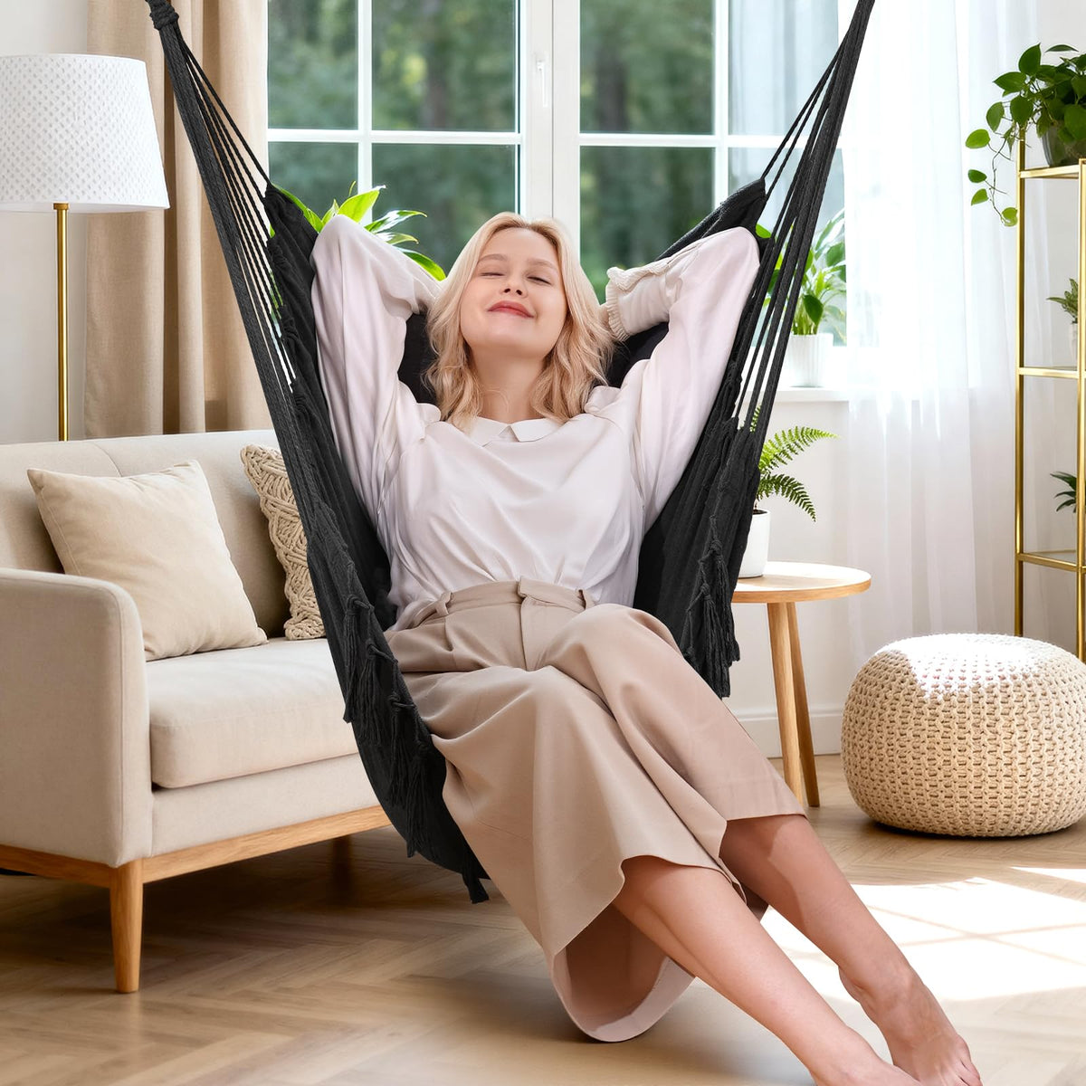 Y- STOP hammock chair assembly shows sturdy spreader bar for stability