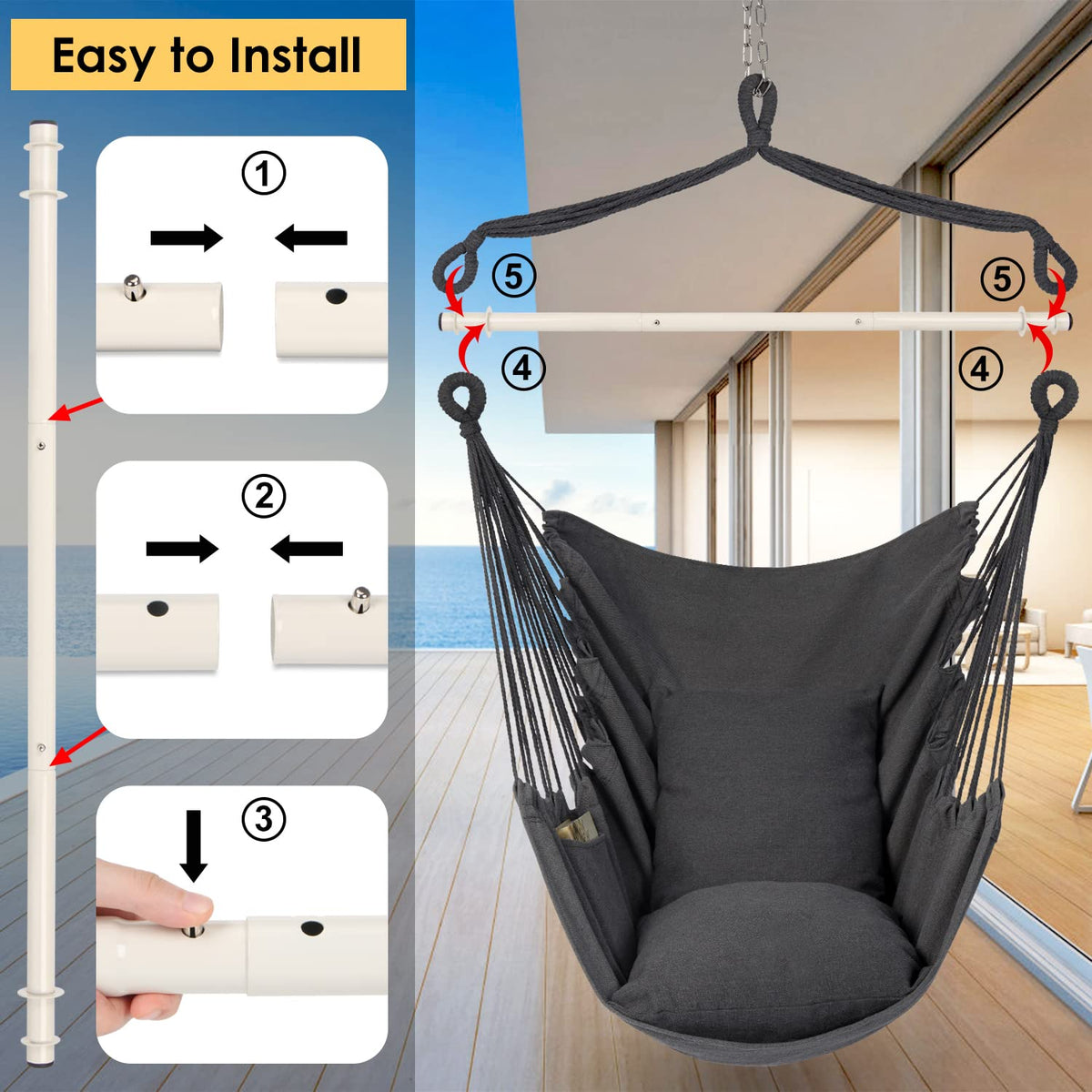 Y- STOP side pocket holds phone, book, or drink while relaxing.