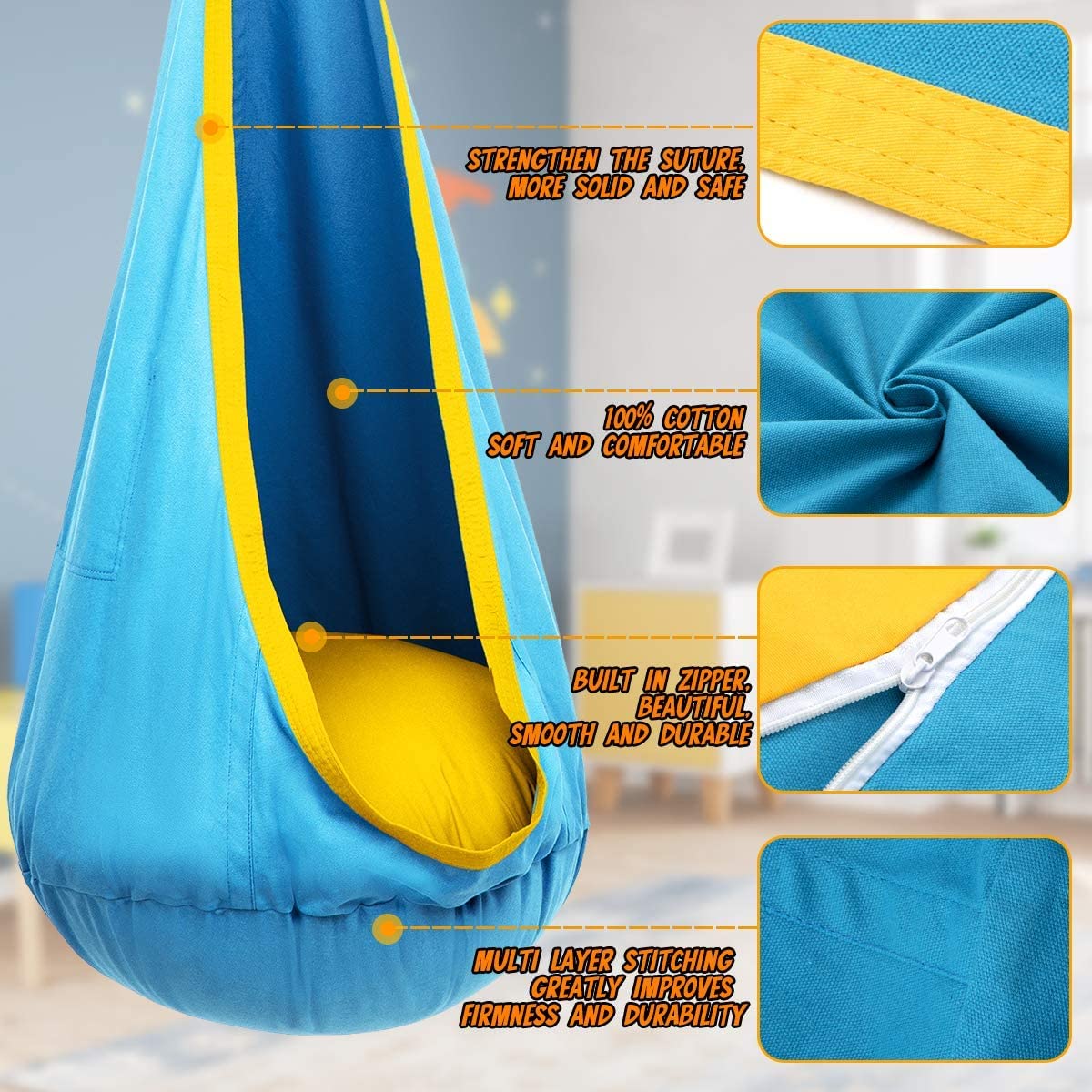 Y-STOP sensory swing with pocket storage keeps small toys within reach