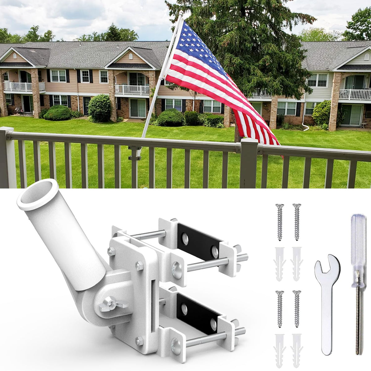 YAARHEJ flag pole holder mounted on railing for secure outdoor display.