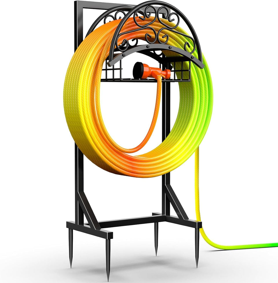 YACONA heavy-duty hose holder base provides stable storage for long hoses in any yard.