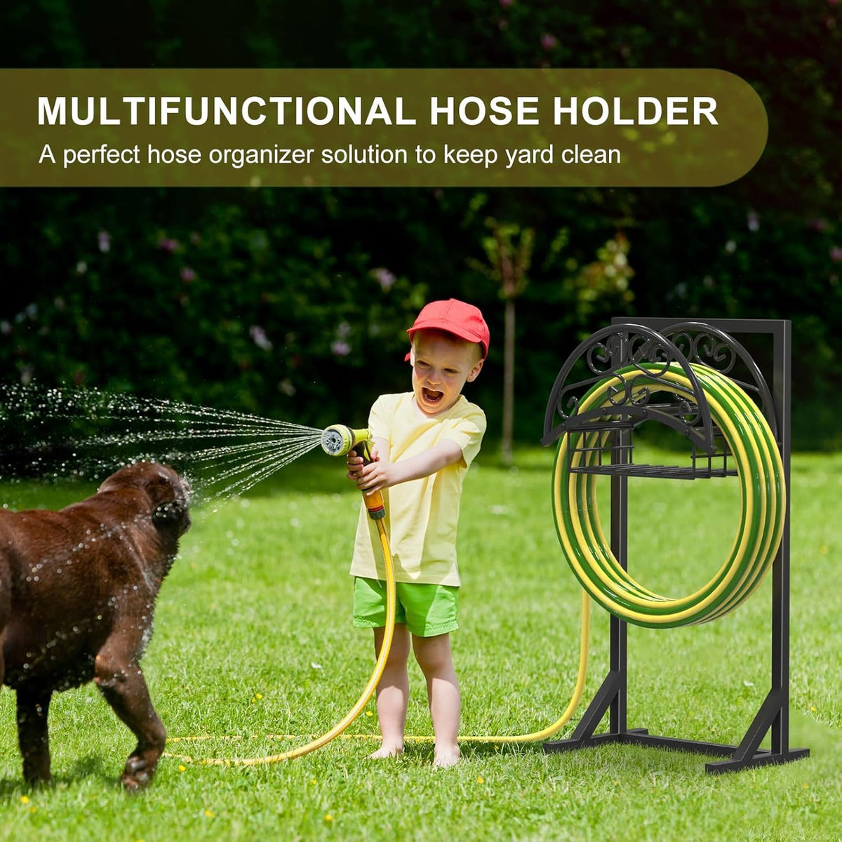 YACONA outdoor storage solution keeps hoses tidy in lawns and gardens.