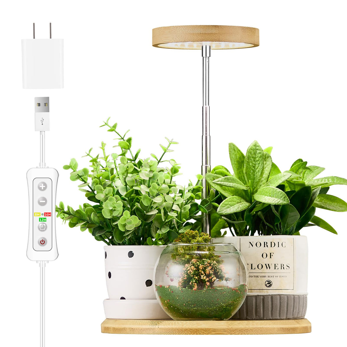 yadoker Bamboo Mini LED Grow Light, front view, compact desk-friendly design with full-spectrum light