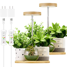 Yadoker bamboo mini LED grow light on a desk boosts herb growth